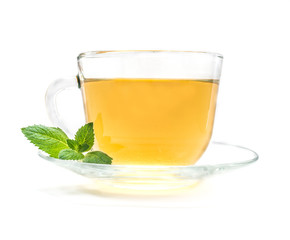 Cup of green chamomile tea with mint