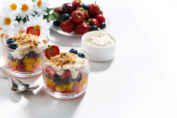 Assorted fresh fruit with custard and white background