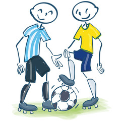 Strichmännchen als Fußballspieler in gelb und blau