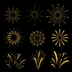 Pyrotechnic line icons. Fireworks and celebration Retro Sun burst shapes. Vintage starburst logo, labels, badges. Vector design elements isolated.