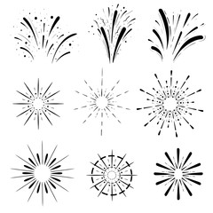 Obraz premium Pyrotechnic line icons. Fireworks and celebration Retro Sun burst shapes. Vintage starburst logo, labels, badges. Vector design elements isolated.