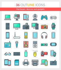 Hardware, devices and gadgets Icons. Set of modern Outline icons of hardware, devices and gadgets. Build on 64px grid pixel perfect