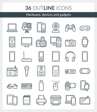  Hardware, devices and gadgets Icons. Set of modern Outline icons of hardware, devices and gadgets. Build on 64px grid pixel perfect