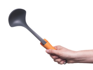 kitchen utensils in the hand of women isolated on white background