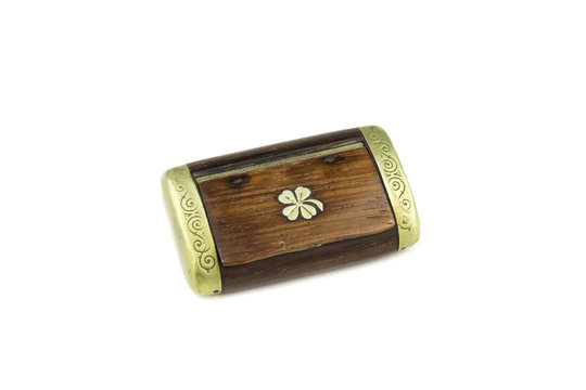 vintage wooden snuffbox / isolated on white portrait of old snuffbox