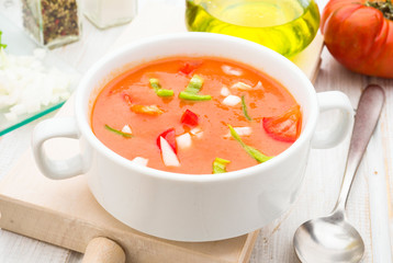 pieces of vegetable in Andalusian gazpacho in white bowl