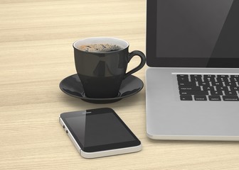 Fototapeta premium Laptop smartphone and coffee cup on wood. 3d rendering.