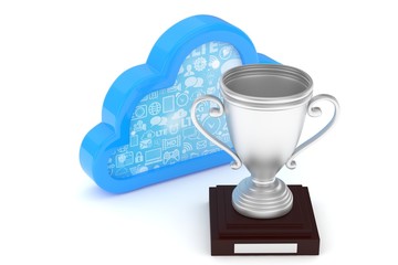 Isoalted silver cup with cloud on white background. Blue contour cloud. Concept of cloud storage competition. Leader cloud drive. Best storage contest. 3D rendering.