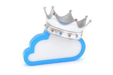 Cloud with silver crown on white background. Model of best network, database, cloud storage. Royal technology. 3D rendering.