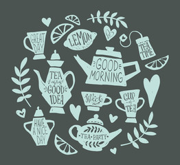 Tea party handsketched doodle set. Tea lettering, vector typography elements. Sketched kettle, cup, tea bag, lemon, hearts and branches. Vintage tea time collection. Different teapots and cups.