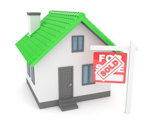 Isolated model of house with sign for sale sold. Concept of real estate, new apartment and moving to a new house. 3D rendering.