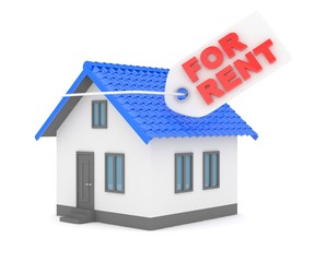 Miniature model of house real estate for rent label on white background. 3D rendering.