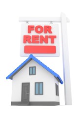 Isolated model of house with sign for rent. Concept of real estate, new apartment and moving to a new house. 3D rendering.