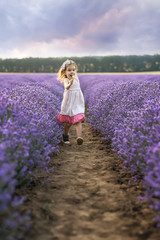 Among the lavender fields /
Beautiful little girl run between rows of a lavender field, Bulgaria