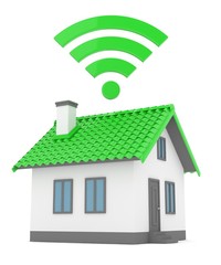 Wifi house on white background. Wireless technology. Internet, phone and radio signal. Network. 3D rendering