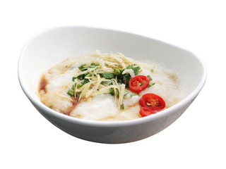 asian food - a bowl of congee with minced pork isolated on white background