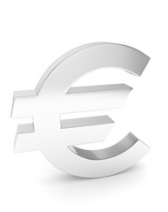 Isolated silver euro sign on white background. European currency. Concept of investment, european market, savings. Power, luxury and wealth. 3D rendering.