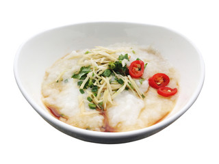asian food - a bowl of congee with minced pork isolated on white background