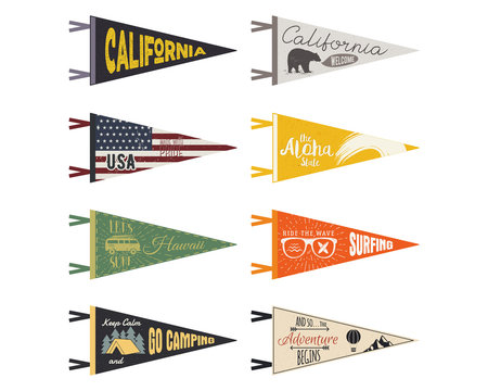Set of adventure pennants. Vector Pennant explore flags design. Vintage surf, caravan, rv templates. USA, california pennant with summer camp symbols trailer, signpost, bear. Summer hawaii old style.