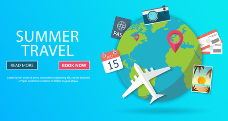 Trip to World. Travel to World. Vacation. Road trip. Tourism. Travel banner. Journey. Travelling illustration. Modern flat design. EPS 10. Colorful.