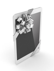 White tablet with silver bow. 3D rendering.