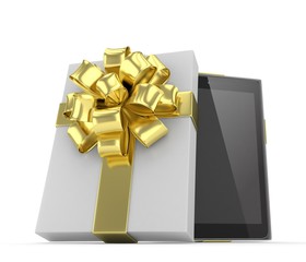 Tablet in white gift box with golden bow and ribbons on white. 3D rendering.
