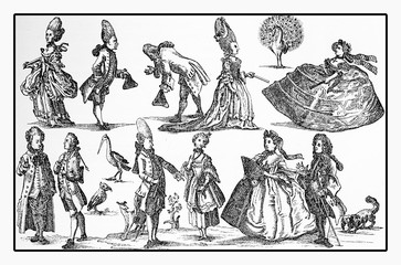 Fashion XVIII century caricature, resemblance with peacocks, storks and pets