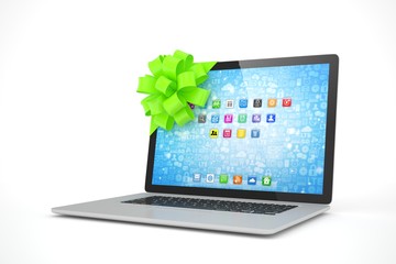 Tied laptop with green bow on white background. Modern present or gift for birthday, holiday, christmas. 3D rendering.