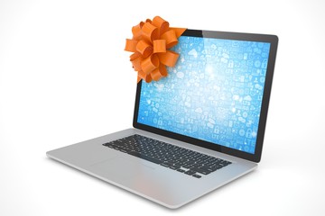 Tied laptop with red bow on white background. Modern present or gift for birthday, holiday, christmas. 3D rendering. © Natalia Merzlyakova