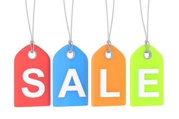 Colorful isolated sale labels on white background. Price tags. Special offer and promotion. Store discount. Shopping time. 3D rendering.