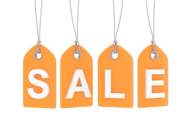 Orange isolated sale labels on white background. Price tags. Special offer and promotion. Store discount. Shopping time. 3D rendering.