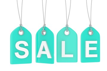 Turquoise isolated sale labels on white background. Price tags. Special offer and promotion. Store discount. Shopping time. 3D rendering.