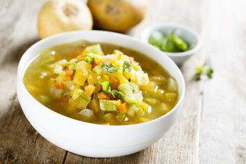 Homemade soup with turnip and other vegetables
