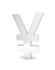 Obraz premium Isolated silver yen yuan sign on white background. Chinese japanese currency. Concept of investment, asian market, savings. Power, luxury and wealth. 3D rendering.
