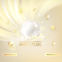 Shining golden essence droplet. Vitamin E drop with white sphere. Beauty treatment nutrition skin care design. Vector illustration.