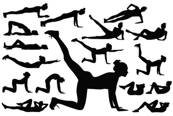Black silhouettes of woman doing fitness exsercises.