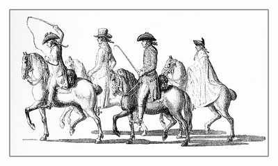 Year 1789  lifestyle and fashion, gentlemen riding in tricorn and rendingote