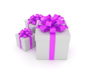 three gift boxes with bows isolated on white. 3d rendering.