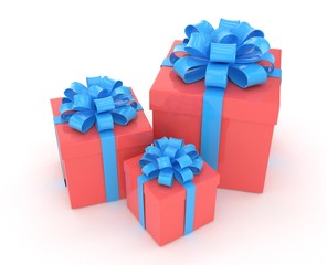 three gift boxes with bows isolated on white. 3d rendering.