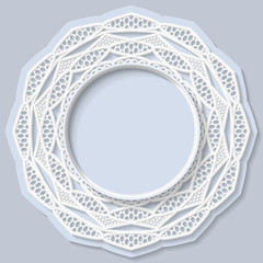 3D round frame, vignette with ornaments, lace frame,  bas-relief ornament,  festive pattern, white pattern, template greetings, vector