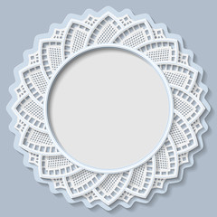 3D round frame, vignette with ornaments, lace frame,  bas-relief ornament,  festive pattern, white pattern, template greetings, vector