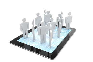 group of people figures on tablet PC. 3d rendering.