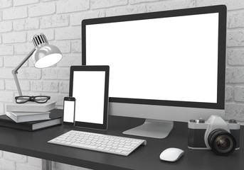 Fototapeta premium Responsive mockup screen. Monitor, tablet, phone on table in office. 3d rendering.
