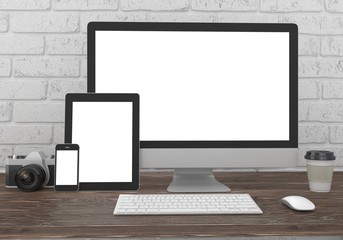 Fototapeta premium Responsive mockup screen. Monitor, tablet, phone on table in office. 3d rendering.