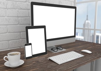 Responsive mockup screen. Monitor, tablet, phone on table in office. 3d rendering.