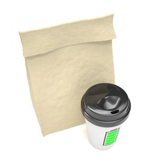 Coffee to go and lunch bag, on white. 3d rendering.