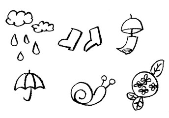 手書きのクレヨン線画イラスト　梅雨のアイテム