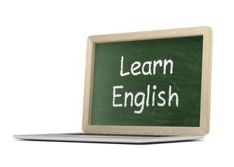  Laptop with chalkboard, learn english, online education concept. 3d rendering.