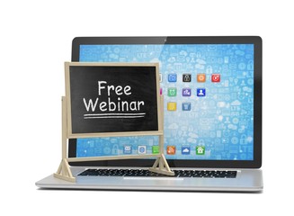 Laptop with chalkboard, free webinar, online education concept. 3d rendering.
