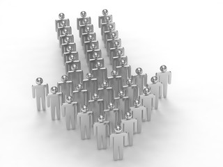 Many 3d people figure in arrow shape with the leader in front. 3d rendering.